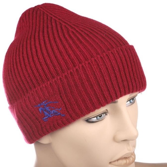BURBERRY Unisex Cashmere BEANIE HAT New SHIP FREE Horse-ferry Logo Burgundy - Picture 1 of 12